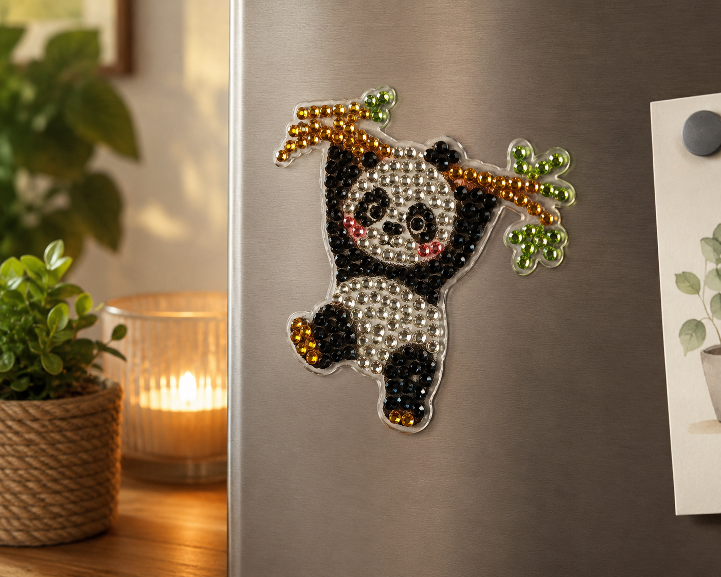 Panda aan boomtak diamond painting koelkast-/decoratiemagneet, 7 x 7 cm
