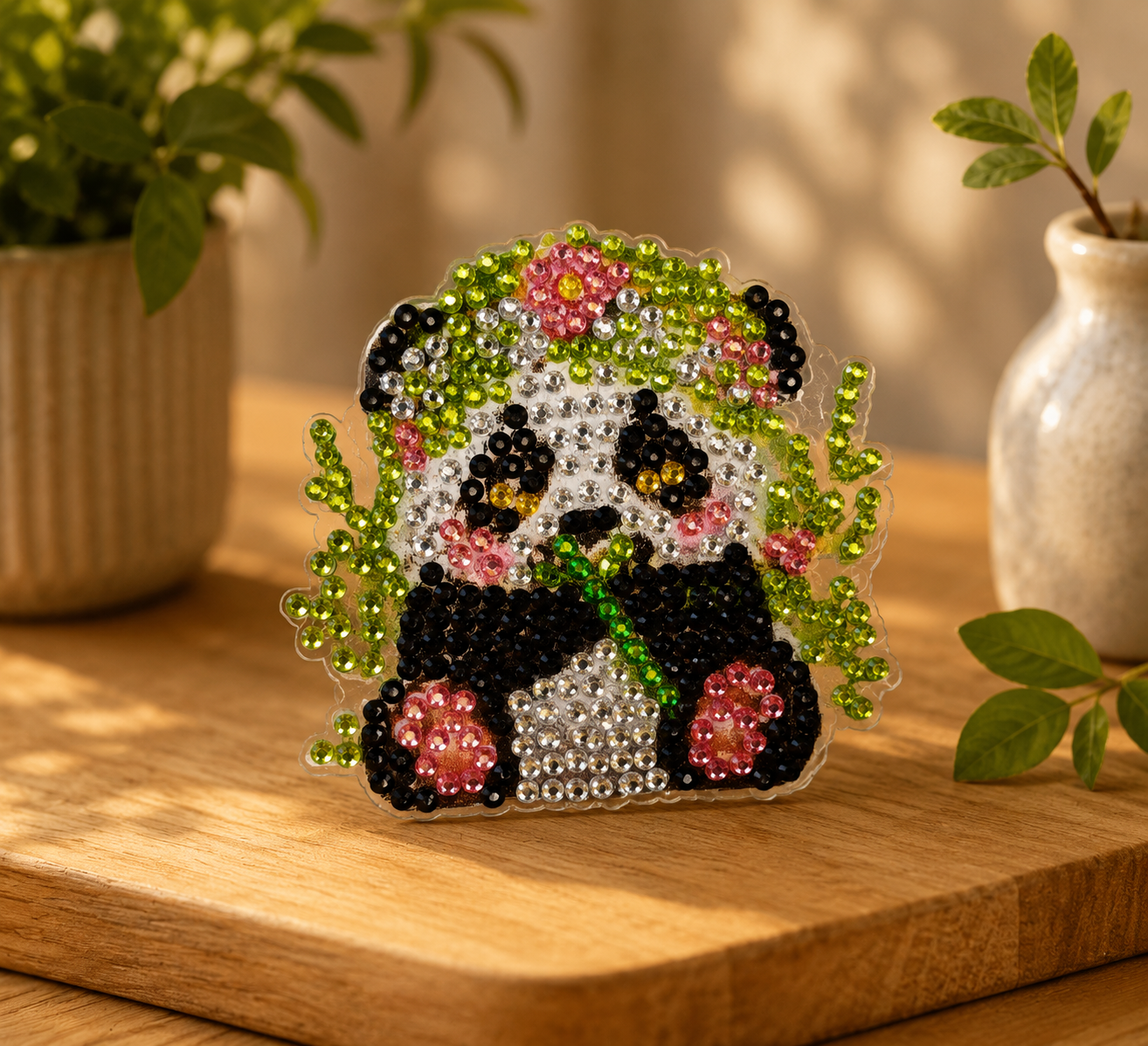 Etende panda diamond painting koelkast-/decoratiemagneet, 7 x 7 cm