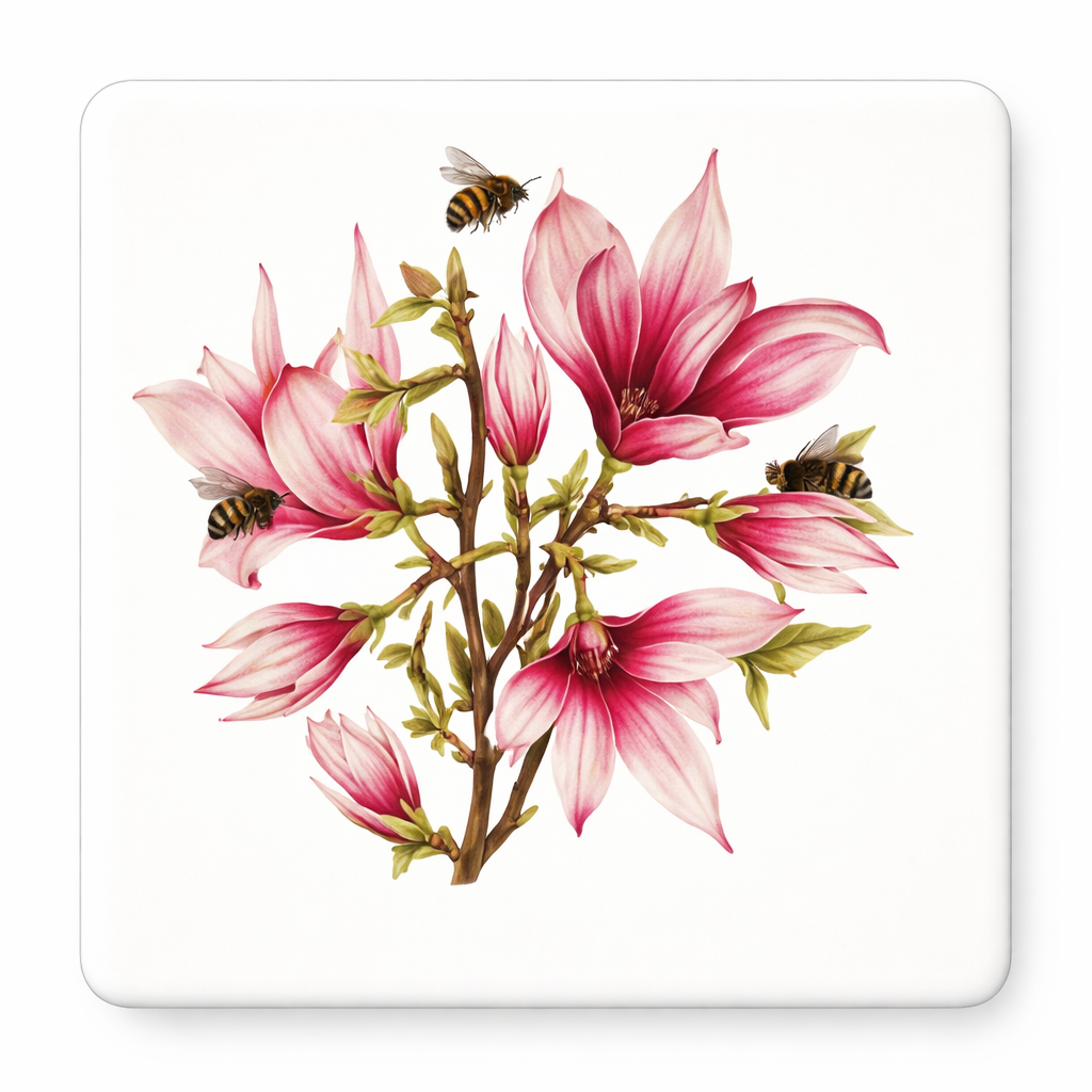 Bijen en magnolia onderzetter, 10 x 10 cm