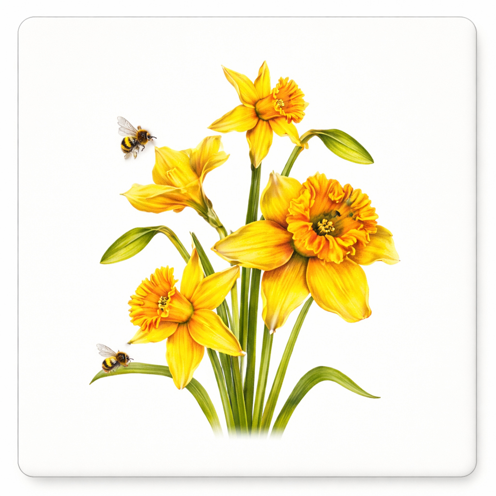 Bijen en narcis onderzetter, 10 x 10 cm