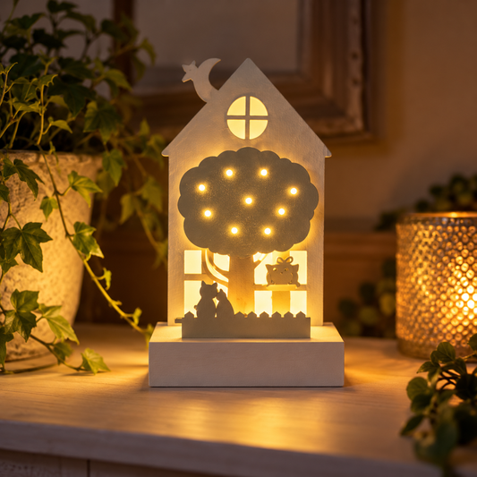 Houten huisje met dieren, nachtlamp, 20 cm