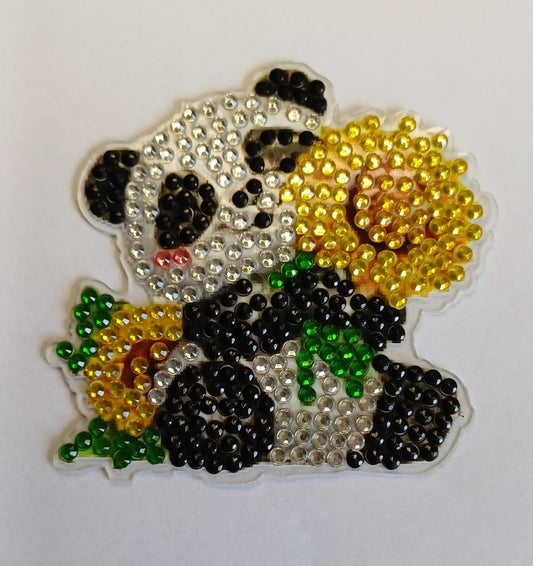 Panda met bloem diamond painting koelkast-/decoratiemagneet, 7 x 7 cm