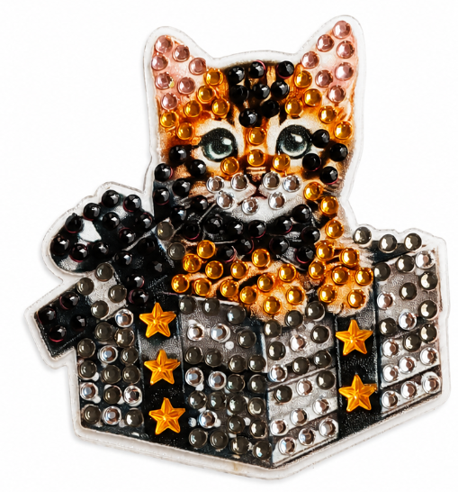Kat in cadeau diamond painting koelkast-/decoratiemagneet, zwart, 6,5 x 7,5 cm