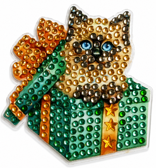 Kat in cadeau diamond painting koelkast-/decoratiemagneet, groen, 7 x 7 cm