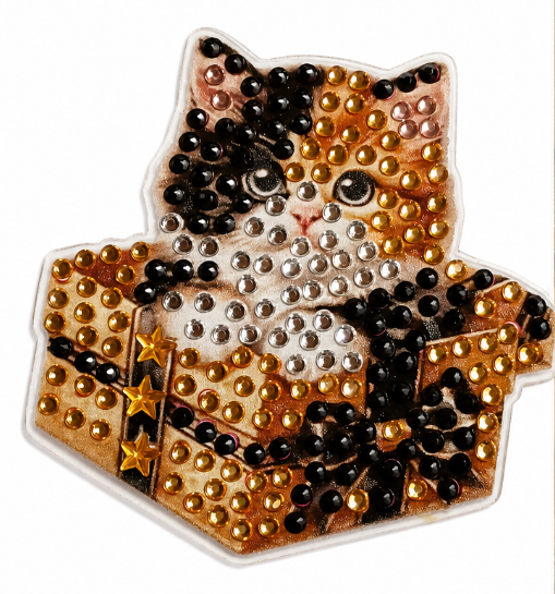 Kat in cadeau diamond painting koelkast-/decoratiemagneet, goud, 7 x 7,5 cm