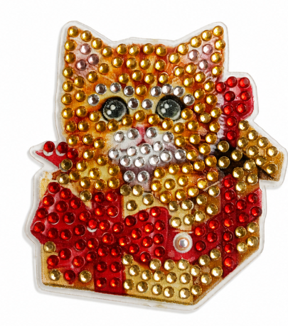 Kat in cadeaupakket diamond painting koelkast-/decoratiemagneet, 6,5 x 7 cm