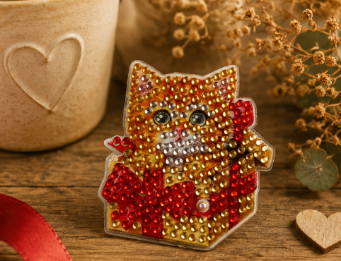 Kat in cadeaupakket diamond painting koelkast-/decoratiemagneet, 6,5 x 7 cm