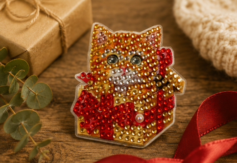 Kat in cadeaupakket diamond painting koelkast-/decoratiemagneet, 6,5 x 7 cm