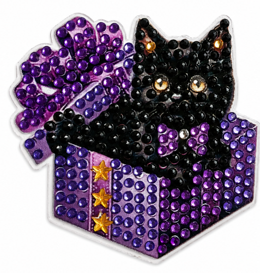 Zwarte kat in cadeaupakket diamond painting koelkast-/decoratiemagneet, 7 x 7,5 cm