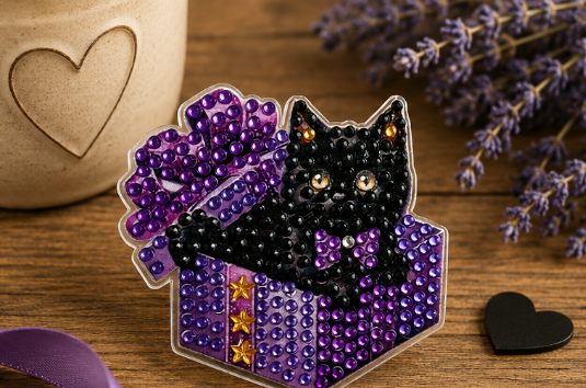 Zwarte kat in cadeaupakket diamond painting koelkast-/decoratiemagneet, 7 x 7,5 cm