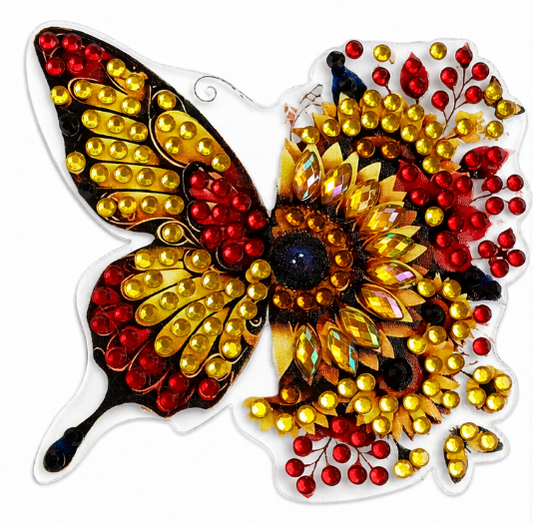 Vlinder met zonnebloemen diamond painting koelkast-/decoratiemagneet, 7 x 7,5 cm