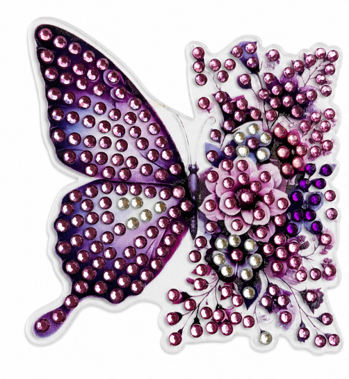 Paarse vlinder met bloemen diamond painting koelkast-/decoratiemagneet, 7,5 x 7,5 cm