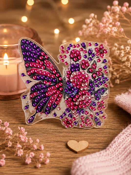 Roze paarse vlinder diamond painting koelkast-/decoratiemagneet, 7,5 x 7,5 cm