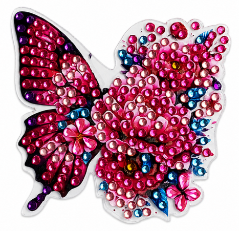 Roze vlinder met bloemen diamond painting koelkast-/decoratiemagneet, 7,5 x 7 cm