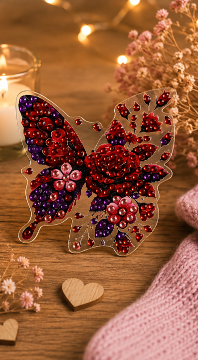 Vlinder met rode rozen diamond painting koelkast-/decoratiemagneet, 7,5 x 8 cm