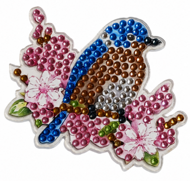 Blauwe vogel met bloesem diamond painting koelkast-/decoratiemagneet, 7 x 6 cm