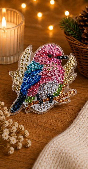Roze vogel diamond painting koelkast-/decoratiemagneet, 6,5 x 7 cm