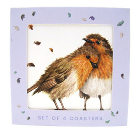Roodborstjes onderzetters, set van 4, 10 × 10 cm