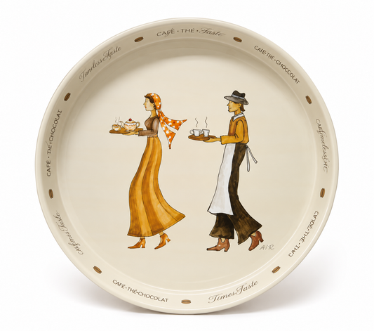 Timeless taste rond dienblad met café tafereel