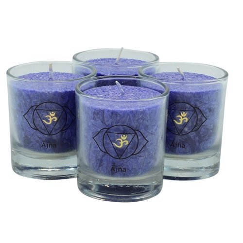 Ajna chakra kaarsen indigo, 6 × 6 cm, set van 4