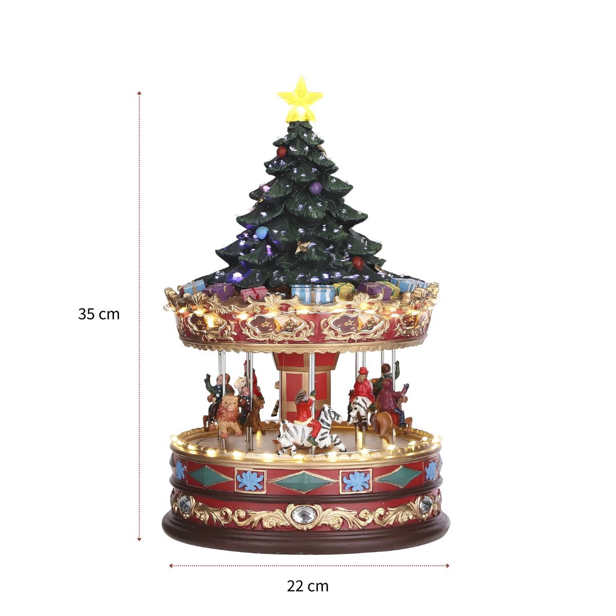 Kerstdorp carrousel met kerstboom, muziek en verlichting, 22 × 22 × 35 cm