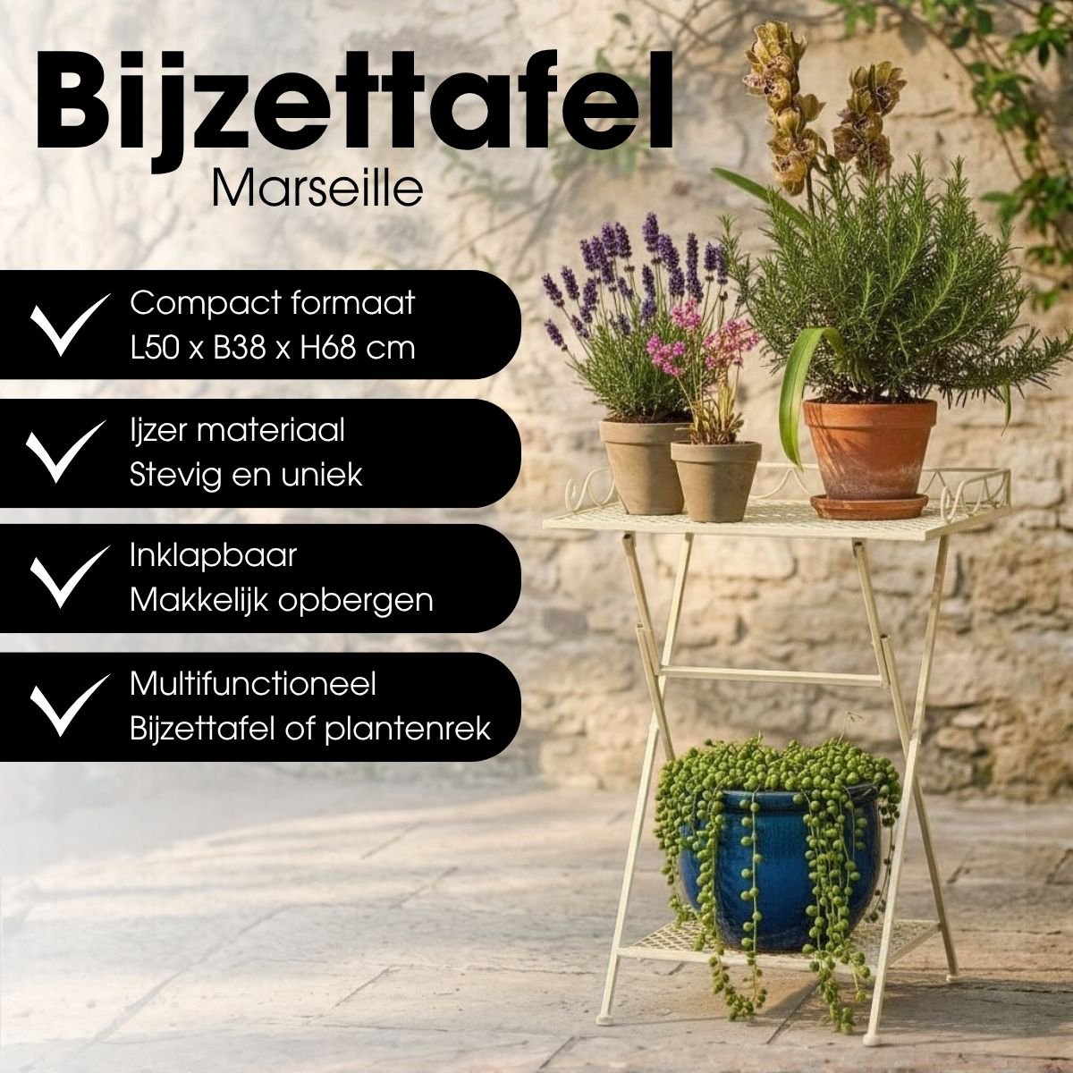 Marseille inklapbare bijzettafel voor buiten in gebroken wit, 50 × 38 × 68 cm