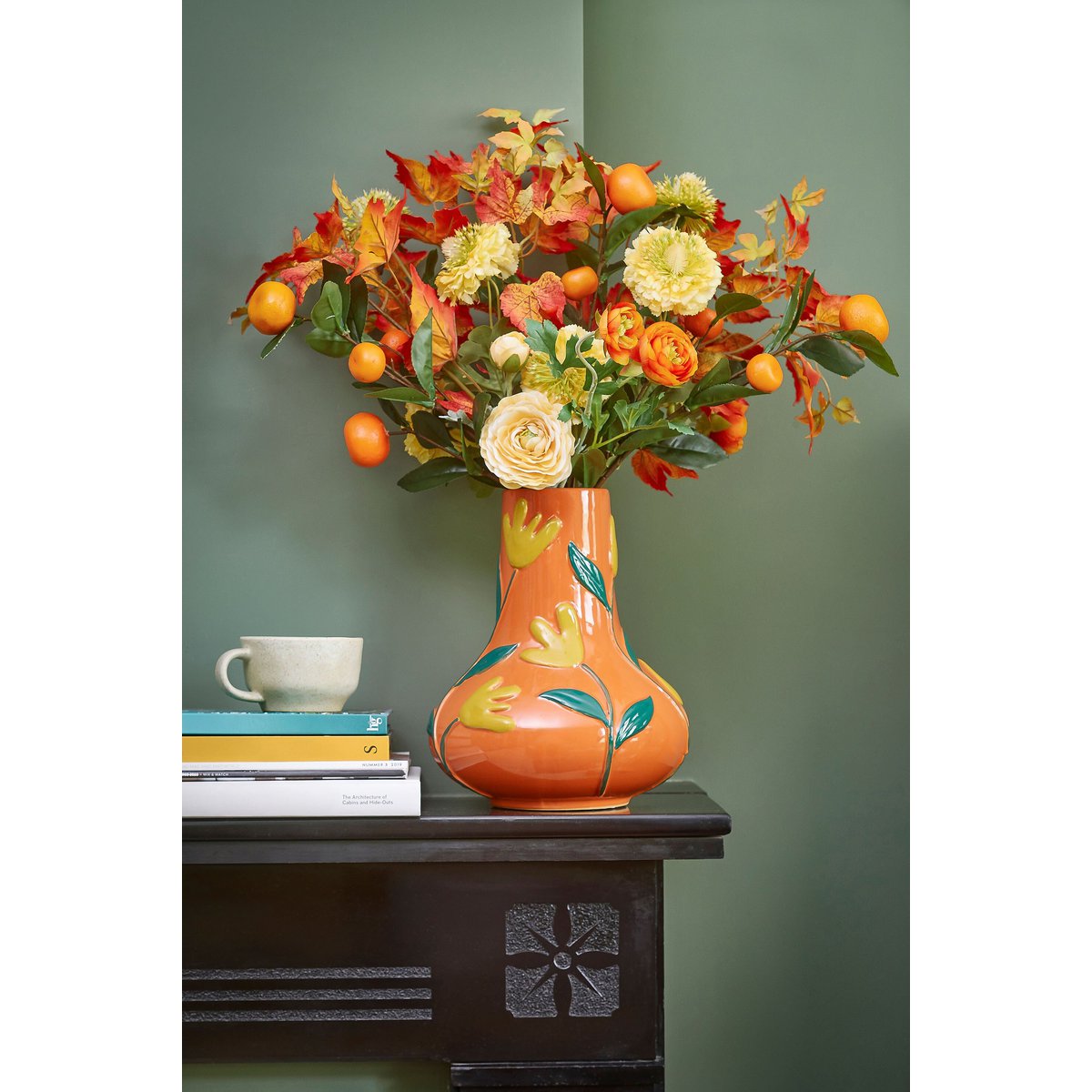 Mica Decorations Ava Vaas – Keramiek Oranje met Bloemmotief (H30 x Ø25 cm)