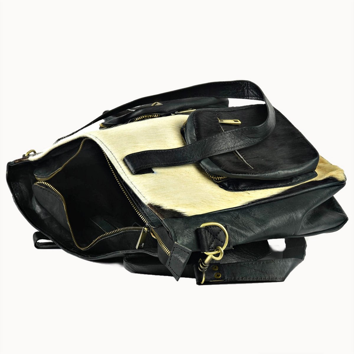 Bisou leren tas met koeienvacht, 40 × 10 × 30 cm