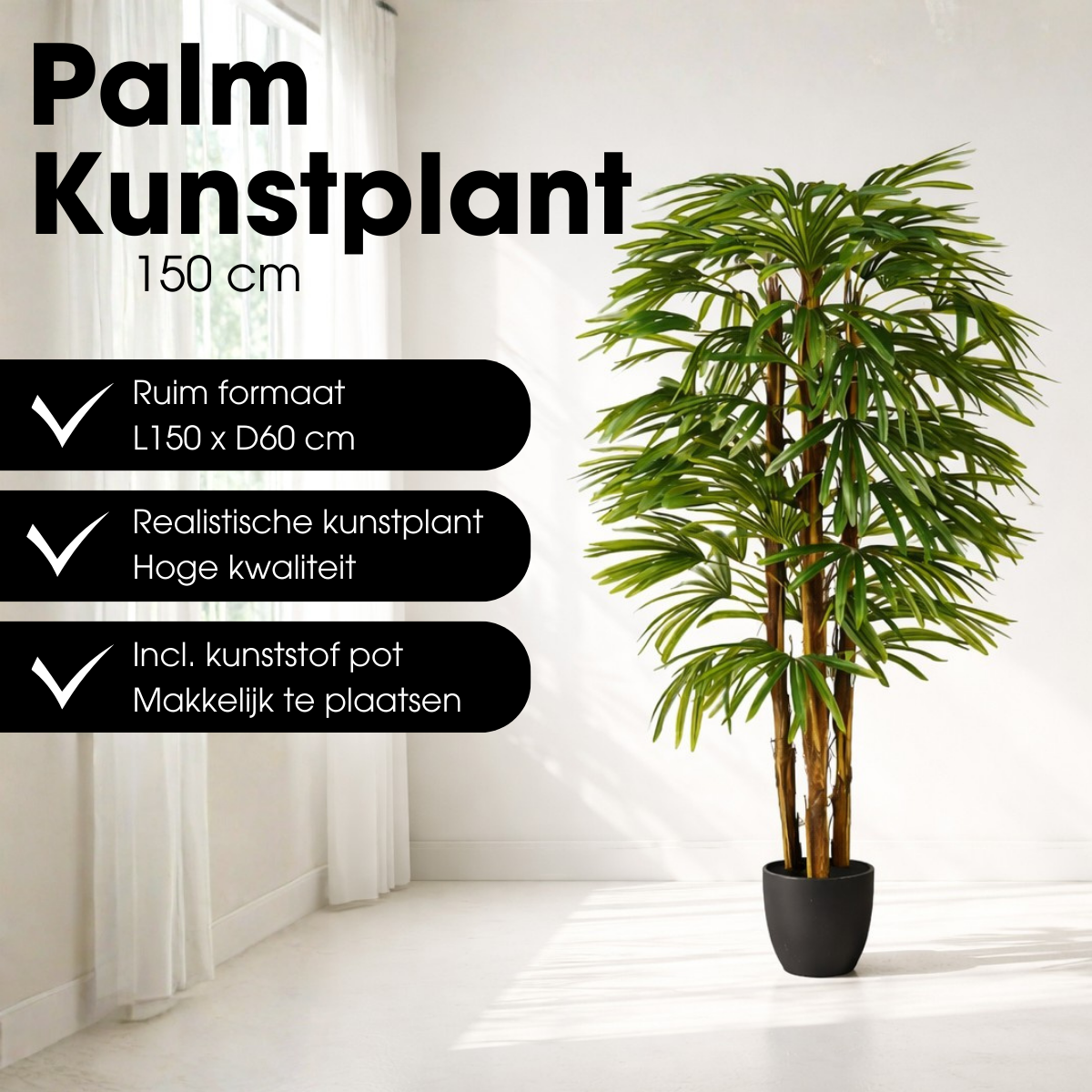 Raphispalm kunstplant met pot, groen, 150 cm