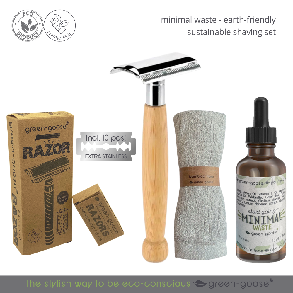 Bamboe scheerset met safety razor, scheerolie en bamboedoekje, 13-delig