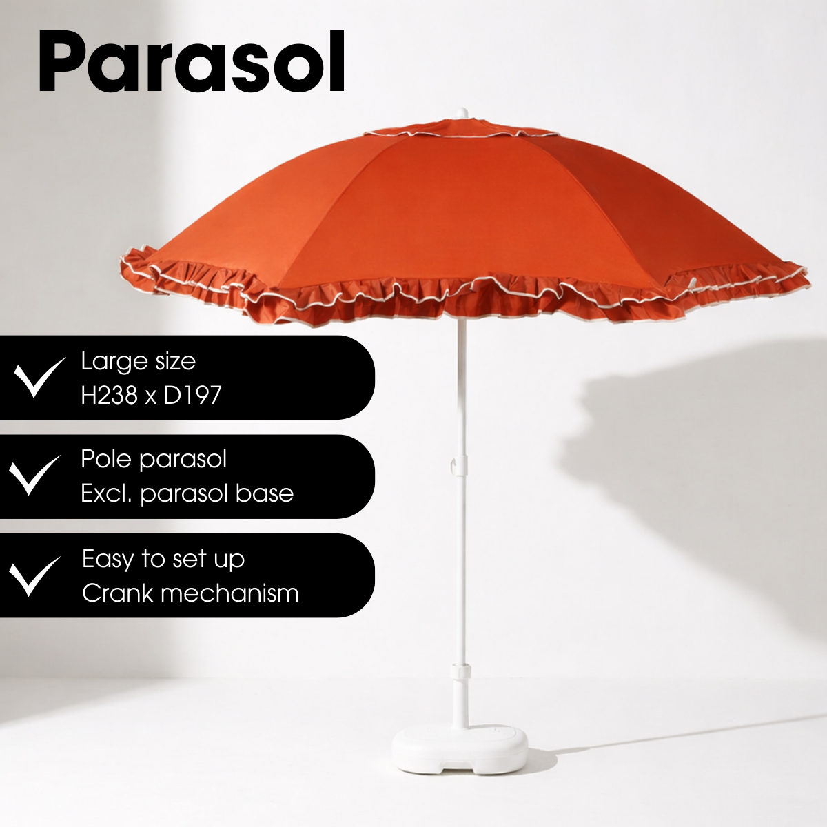 Terra parasol met ruches, Ø 195 × 238 cm