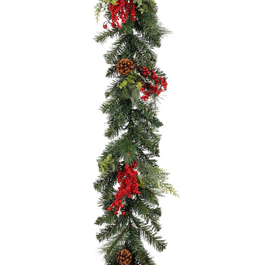 Groene kerstguirlande met rode bessen en dennenappels, 180 cm