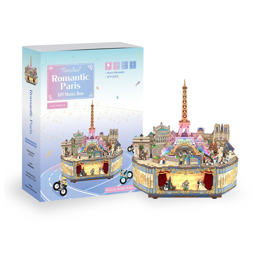 DIY 3D houten muziekdoos Romantic Paris, 16 x 14 x 17,7 cm