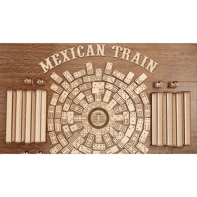Houten mechanische puzzel Mexican Train domino, 232 stukjes, 25,3 x 24,8 x 7,3 cm