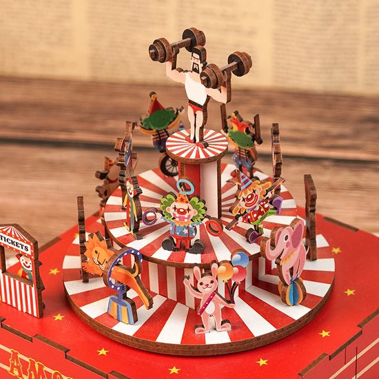 DIY 3D houten muziekdoos Circus Troupe, 14 x 14 x 16 cm