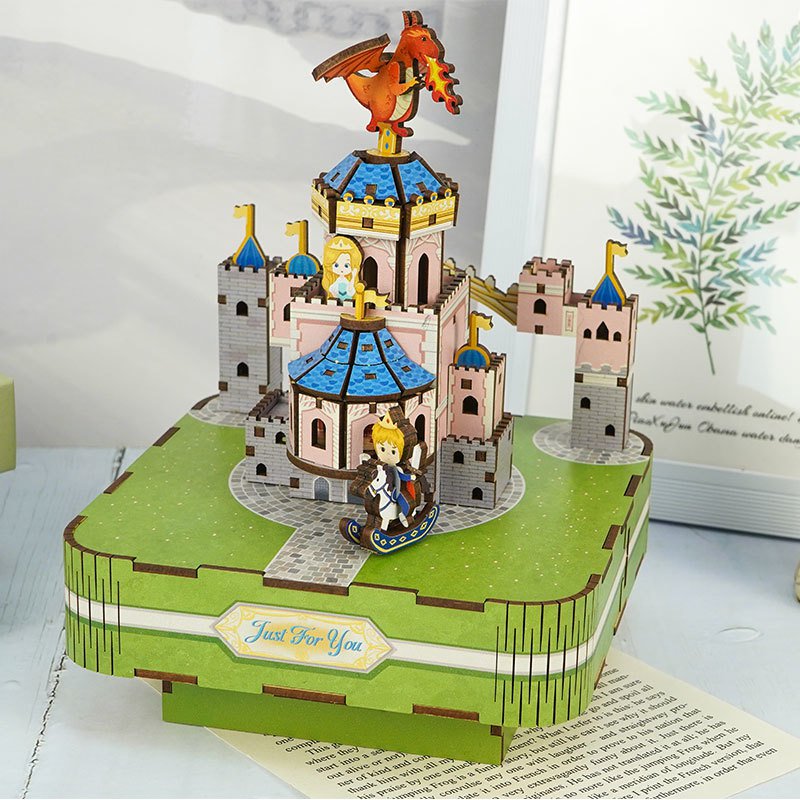 DIY 3D houten muziekdoos Fairytale Castle, 14 x 14 x 18,5 cm