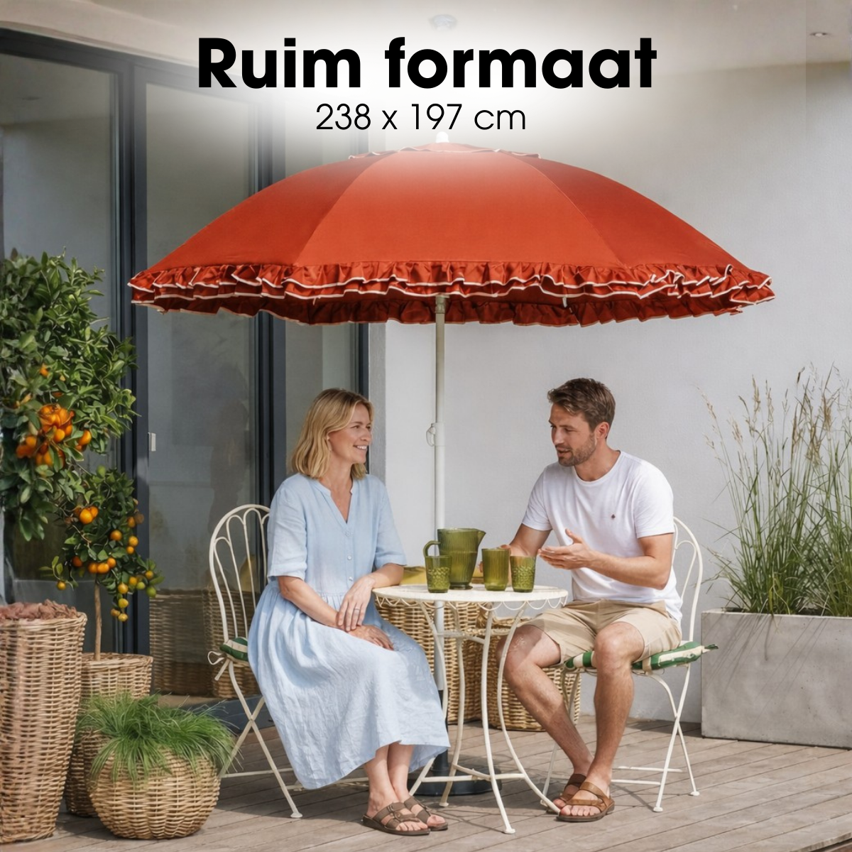 Terra parasol met ruches, Ø 195 × 238 cm