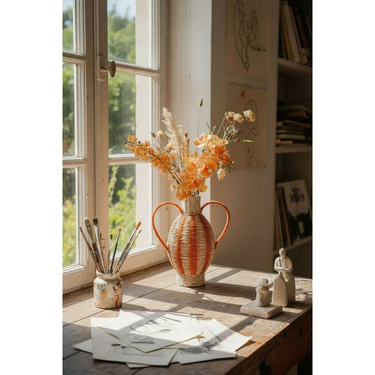Geweven vaas met handgrepen, lichtgeel en oranje, 38 × Ø 21 cm