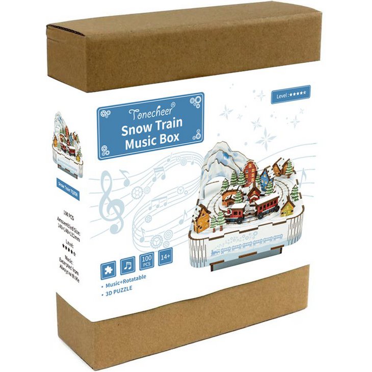 Houten muziekdoos 3D puzzel Snow Train, 14 cm