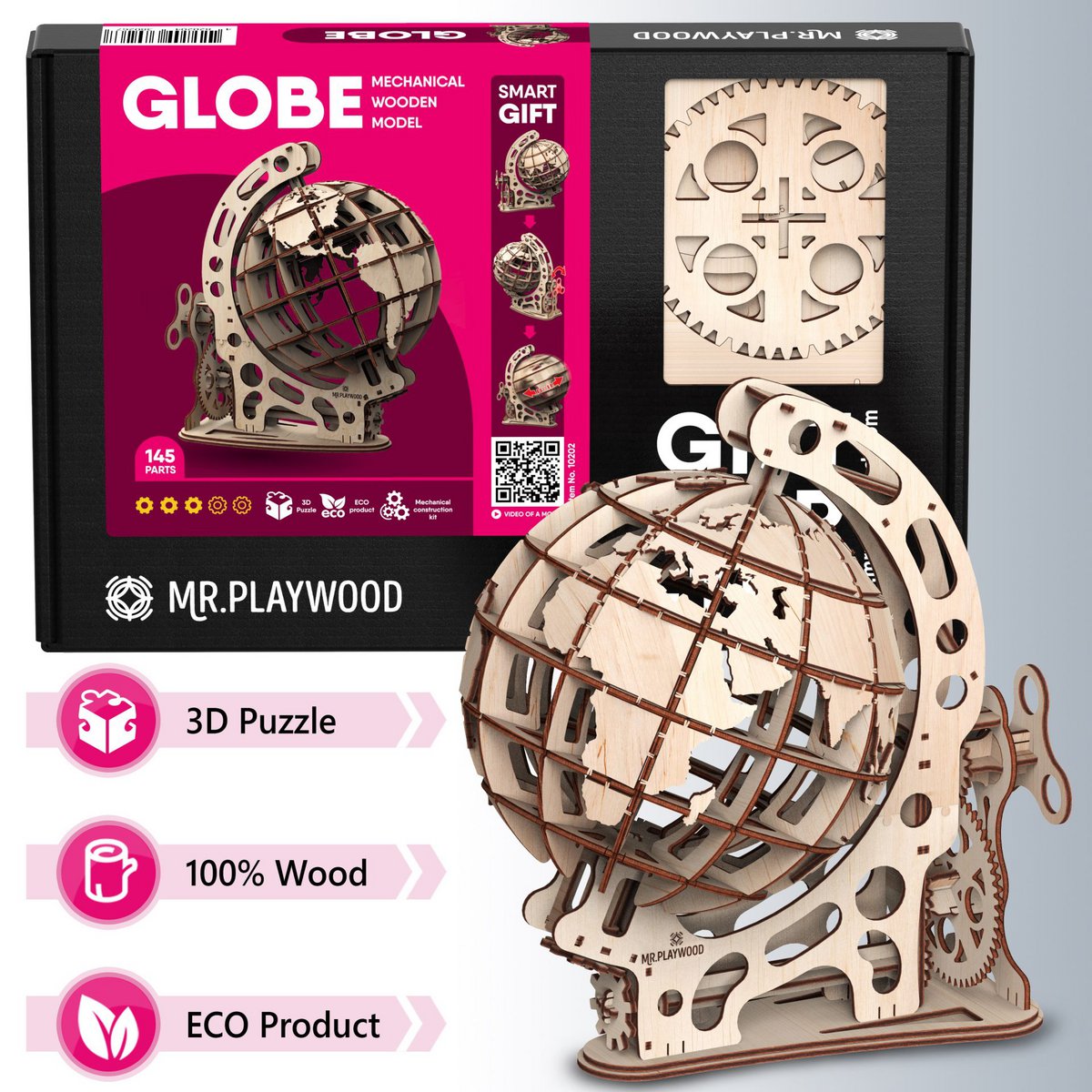 Globe 3D houten puzzel, 34,5 × 24 × 37,5 cm