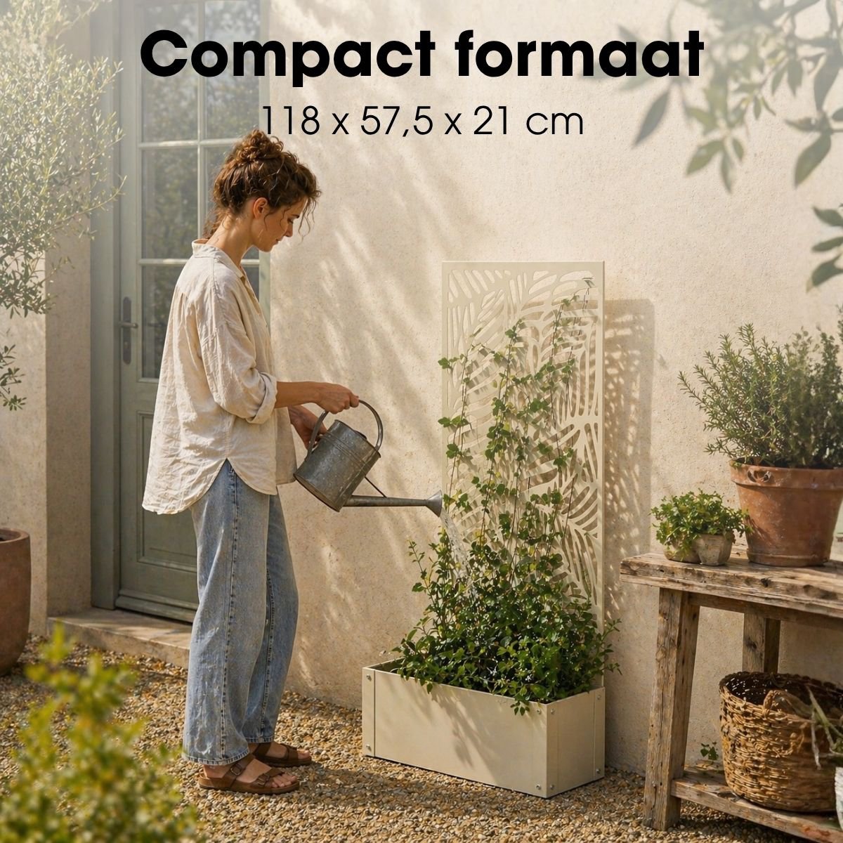 Sapri, offwhite plantenbak met bladmotief, 57,5 x 21 x 118 cm