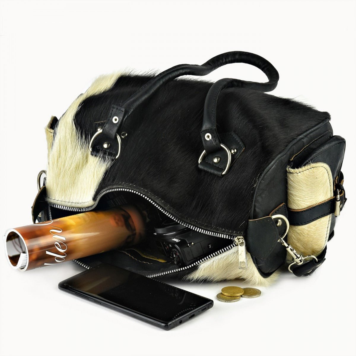 Yasmin leren handtas met koeienvacht, 30 × 15 × 19 cm