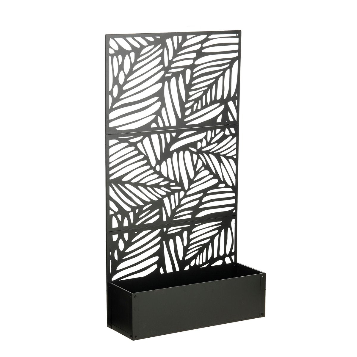 Sapri, zwarte plantenbak met bladmotief, 92 x 33 x 174 cm