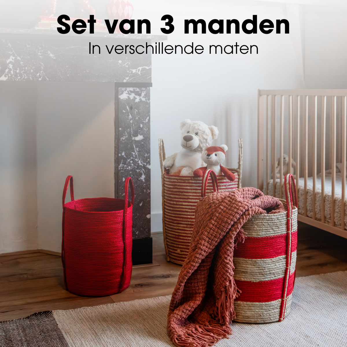 Brooklyn opbergmanden, set van 3, rood en lichtbruin