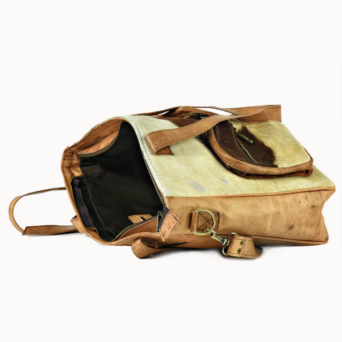 Bisou leren tas met koeienvacht, 40 × 10 × 30 cm