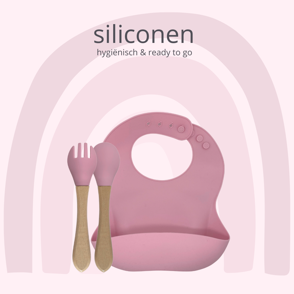 Siliconen slabbetje met bamboe bestek, roze
