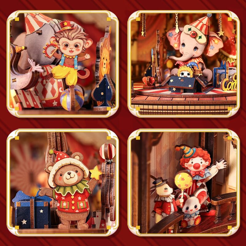 DIY 3D houten muziekdoos Animal Carnival met led, 22 x 18 x 22,2 cm