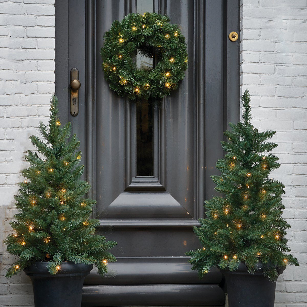 Norton set van 2 kunstkerstbomen en 1 kerstkrans met verlichting, 90 cm, Ø 45 cm