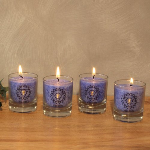 Visuddha chakra kaarsen lichtblauw, 6 × 6 cm set van 4