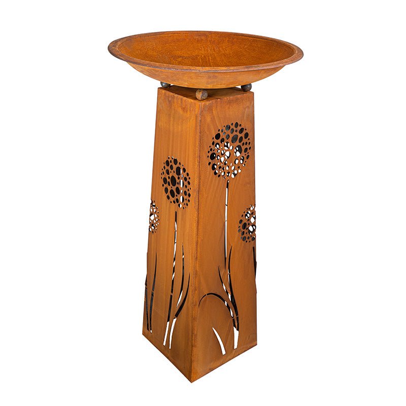 Roestmetalen plantenzuil met paardenbloemmotief, 100 cm